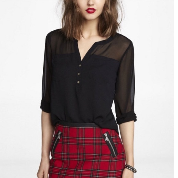 Express Tops - Express Chiffon Pieced Two Pocket Shirt